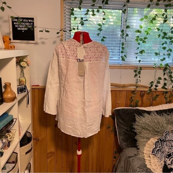 Bellambia White Linen Lace Blouse Open Cardigan Boho Minimalist Style Size 2X - Picture 4 of 9